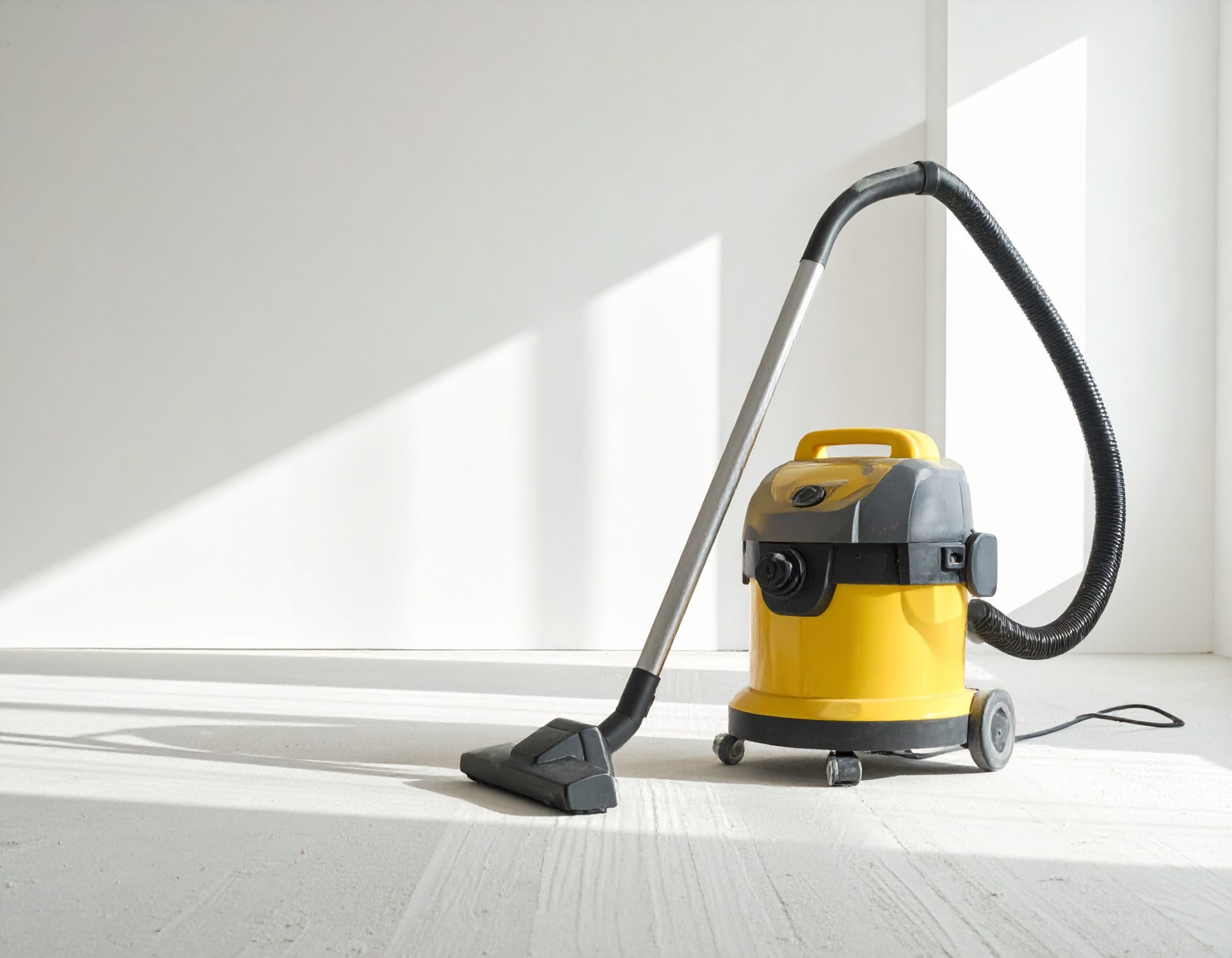 Photo réaliste, bannière e-commerce, fin de chantier intérieur, sol brut avec traces